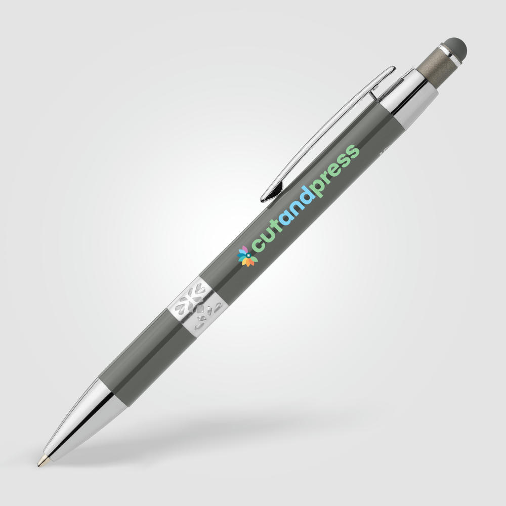 Adorn Kugelschreiber mit Chromverzierung und Stylus aus recyceltem Aluminium  Werbeartikel
