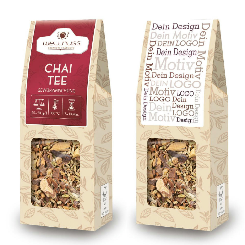 Product image Faltschachtel mit Chai Gewürzmischung 22,5g in FSC® zertifiziertem Papierkarton mit individuell bedrucktem 4c Etikett als B2B Werbeartikel und Mailing-Giveaway