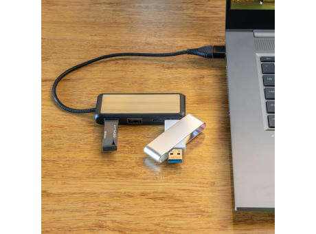 Link Dual Input USB Hub aus RCS rec. Kunststoff und Bambus Werbeartikel