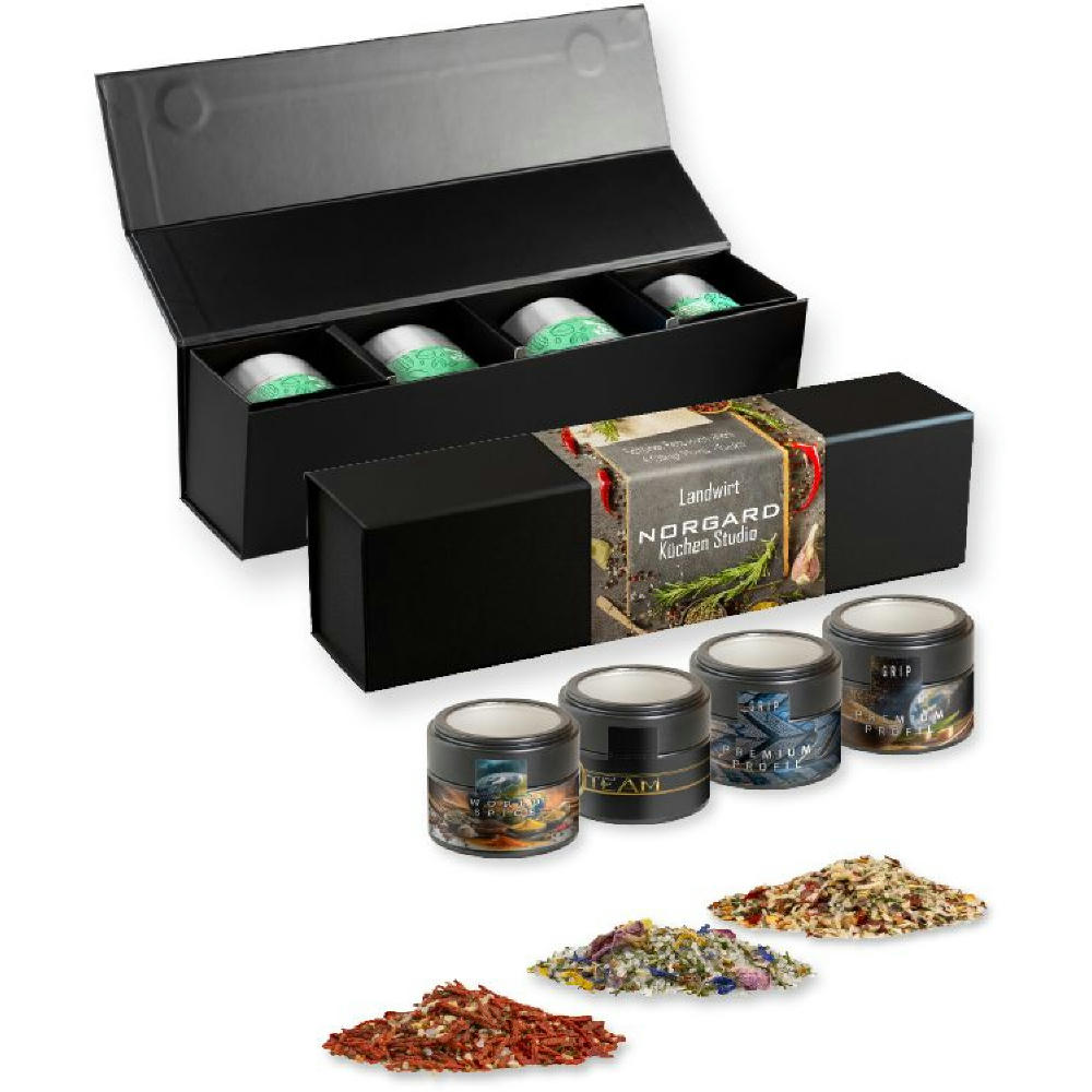Product image verschiedene Gewürzmischungen (Kategorie 3), ca. 140-440g, Geschenk-Set Premium schwarz mit Magnetverschluss und 4 Metalldosen Mini mit Sichtfenster Werbeartikel