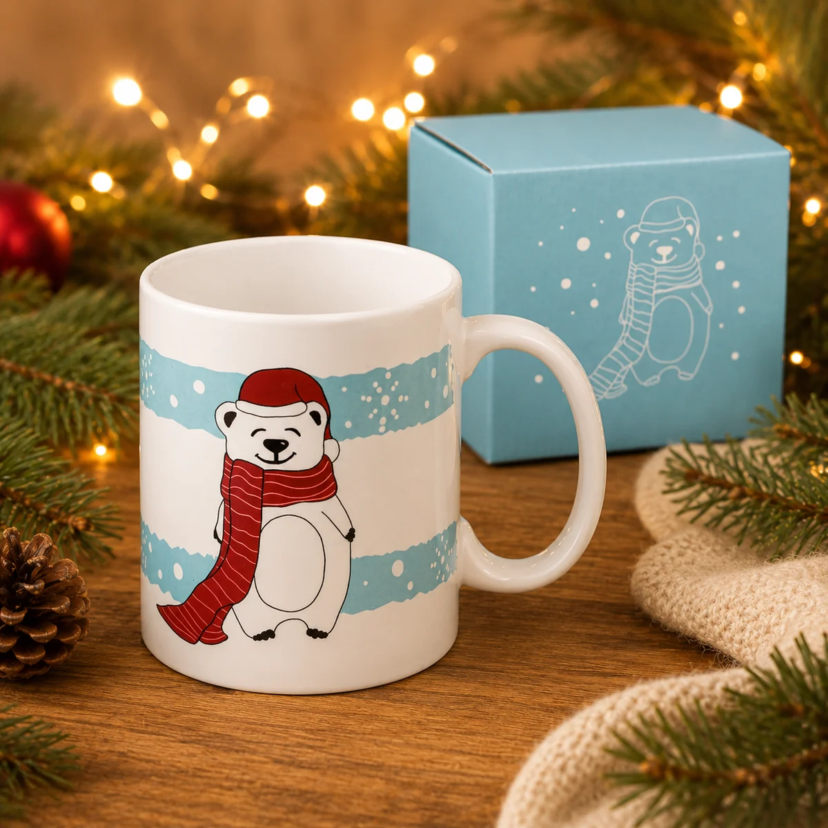 Product image Weiße Keramiktasse mit Eisbär-Motiv und Geschenkbox als winterliches Werbegeschenk für Mitarbeiter und Kunden