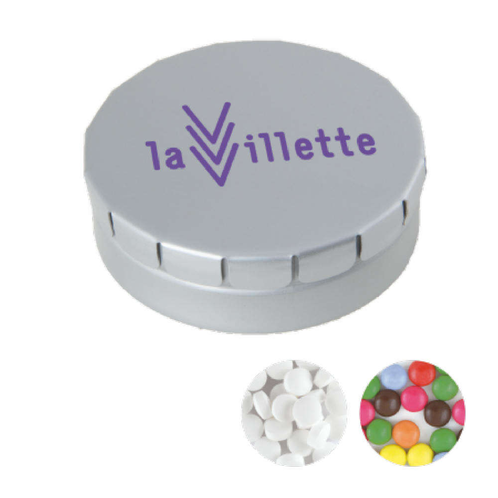 Runde Click-Blechdose 45 mm mit ca. 12 gr. Minties TAMPONDRUCK Werbeartikel