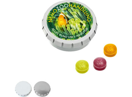 SUPER-MINI-Drück-mich-Dose mit Pulmoll Pastillen, 22g Werbeartikel