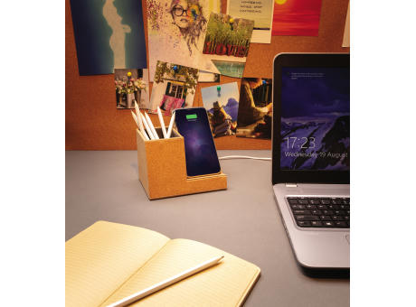 Kork Stiftehalter mit 5W Wireless Charger Werbeartikel