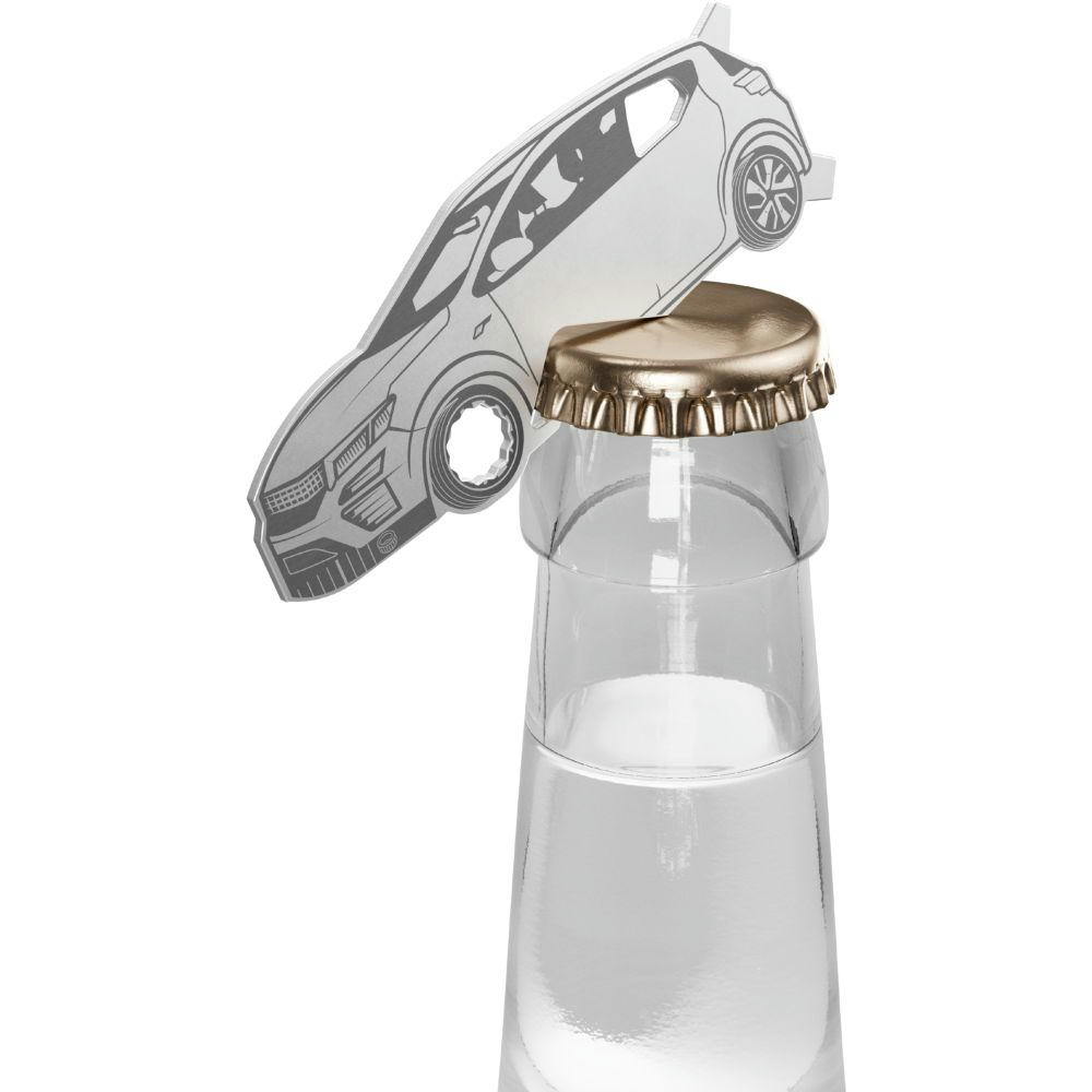 RICHARTZ SHAPE TOOL car öffnet eine Glasflasche mit Kronkorken – Flaschenöffner zum Bedrucken mit Ihrem Logo