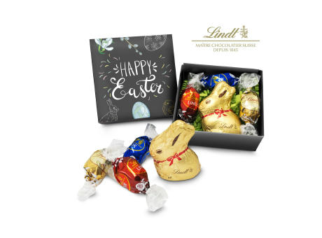 Geschenkartikel / Präsentartikel: Lindt Osternest - Goldhase und 3 Lindor Mini-Eier, auch in individueller Schachtel bedrucken