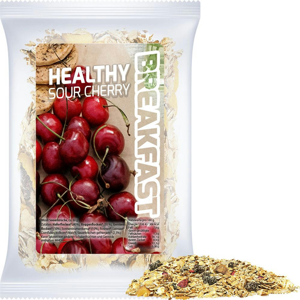 Product image Müsli Sauerkirsche, ca. 50g, Express Maxi-Tüte mit Etikett Werbeartikel
