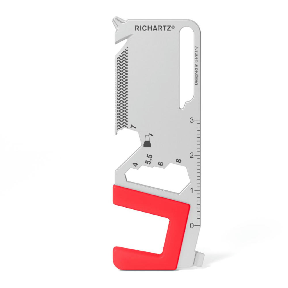 RICHARTZ KEY TOOL mobile: flaches Multitool mit rotem Handyhalter und Lineal – Schlüsselanhänger-Multitool mit Ihrem Logo