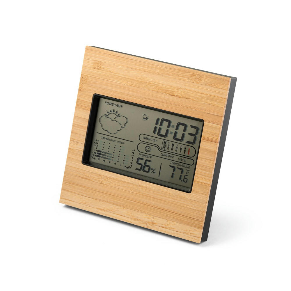 Product image BROMLEY. Tischwetterstation mit LCD-Bildschirm aus ABS und Bambus Werbeartikel