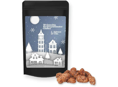Feuergebrannte Mandeln, ca. 30g, Standbeutel Mini schwarz bedrucken