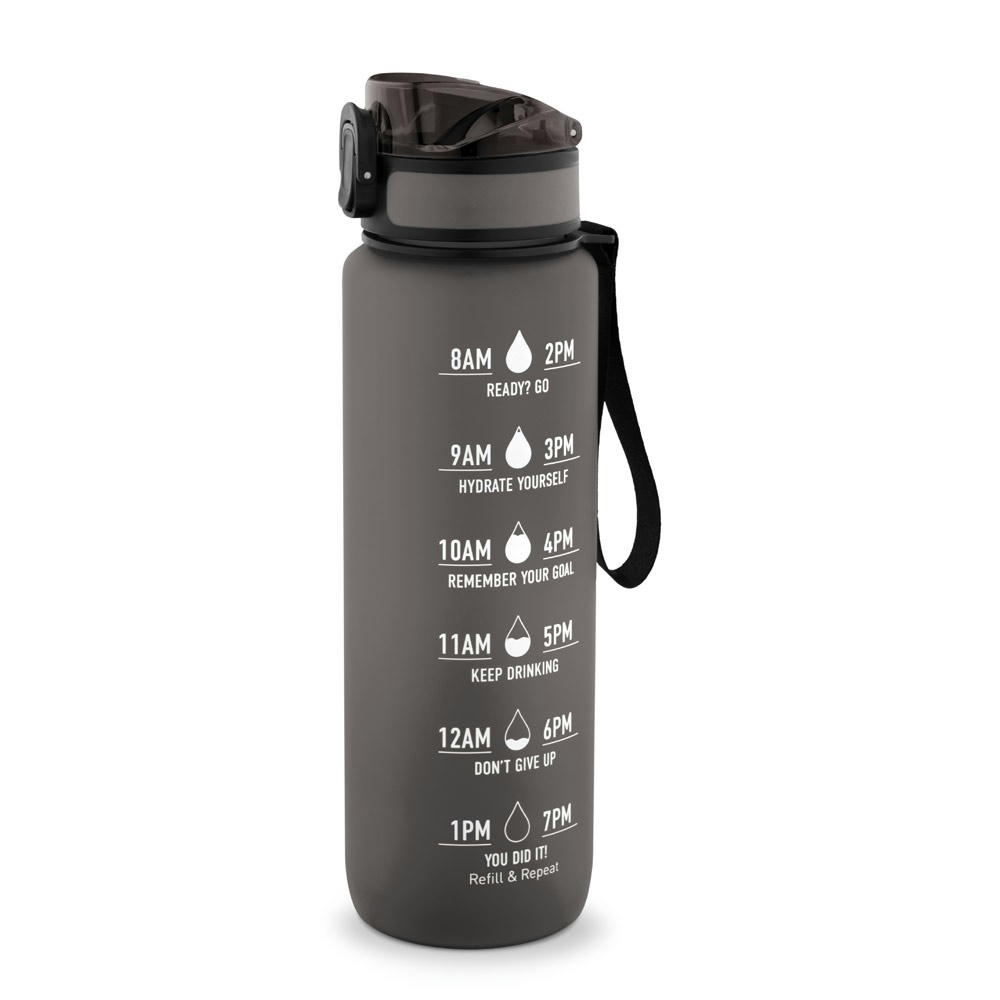 ERIKSSON. Flasche aus recyceltem PET (100 % rPET) mit motivierenden Sprüchen und Zeitmarkierungen, die zum Wassertrinken anregen Werbeartikel