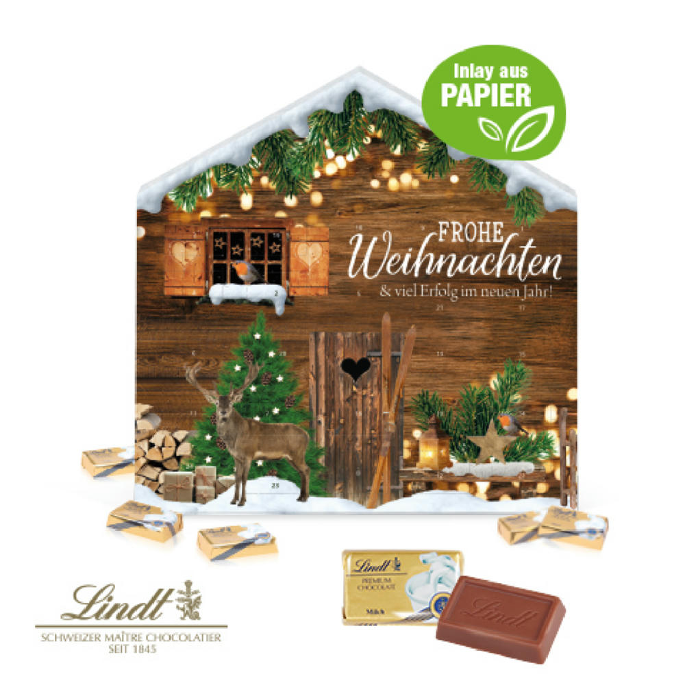 Product image Adventskalender Weihnachtshaus "Exklusiv" mit Lindt Schokolade Werbeartikel