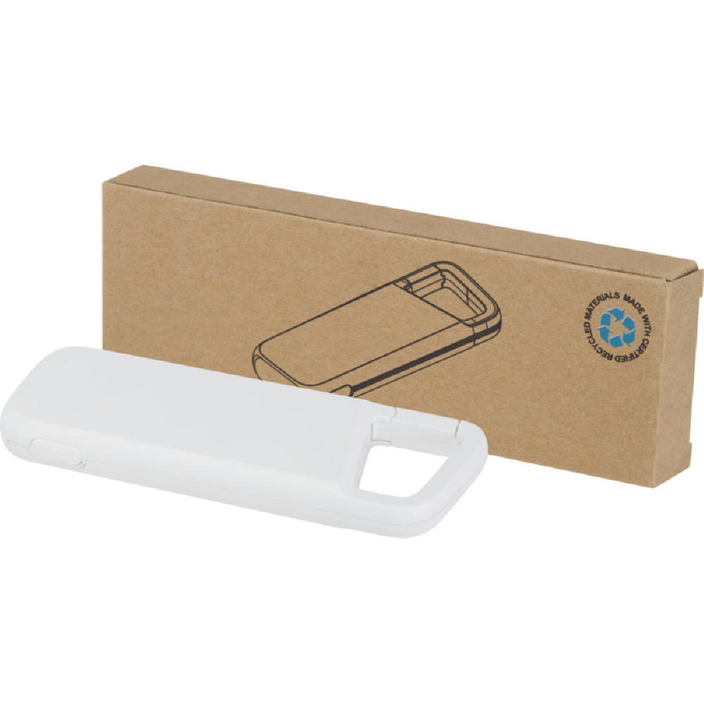 Product image Alkes 12 W 5.000 mAh wasserfeste Powerbank aus recyceltem Kunststoff mit Karabinerhaken Werbeartikel
