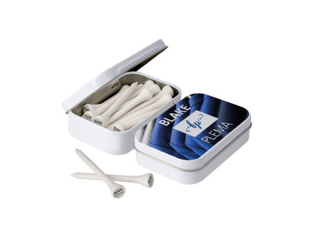 Blechdose mit 20 Tees 70 mm Werbeartikel