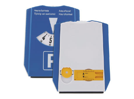 Parkscheibe mit Eiskratzer, Einkaufswagenmünzen und Reifenprofilprüfer Werbeartikel