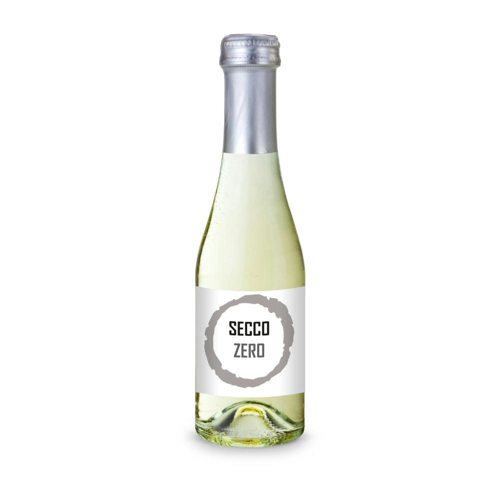 Product image Secco ZERO - Schäumendes Getränk aus alkoholfreiem Wein - Flasche klar - Kapselfarbe Gold, 0,2 l Werbeartikel