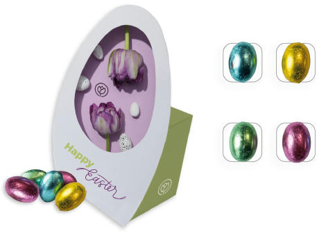 Product image Osterei mit Werbebox, 100 g, Inhalt: Schokoeier mit Haselnusscremefüllung Werbeartikel