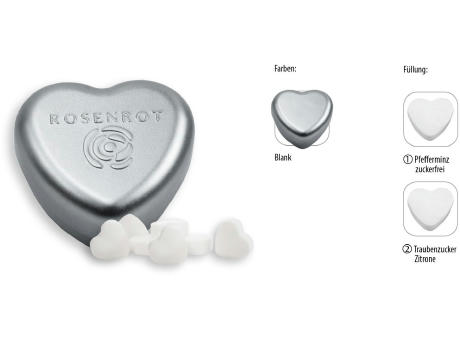 Herzdose geprägt, blank 18 g, Inhalt: Traubenzucker Herzen Zitrone Werbeartikel
