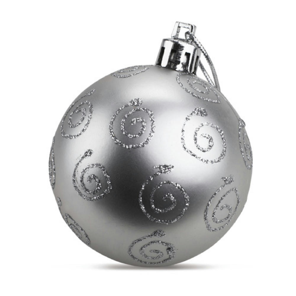 Matt silberne Kugel aus dem Set SCRANTON mit glitzernden Spiralen und silberner Kappe – Christbaumschmuck als Beigabe