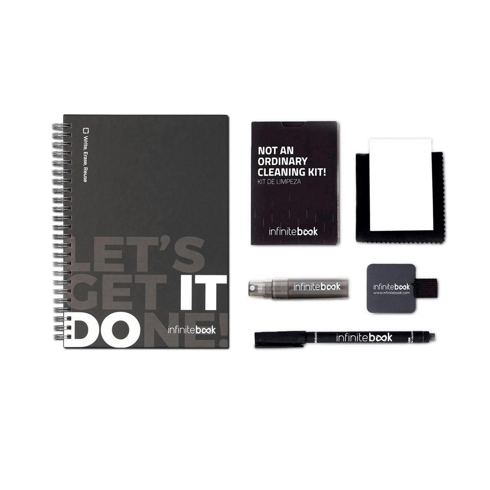 STARTER KIT INFINITEBOOK. Set bestehend aus einem Infinitebook mit Hardcover, einem Reinigungsset, einem Marker und einem Kugelschreiberhalter Werbeartikel
