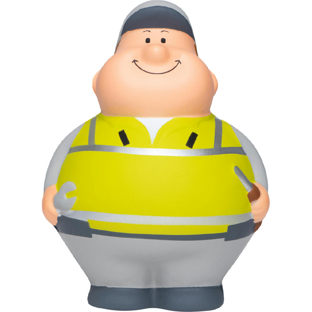 Product image Pannenhilfe Bert in gelber Warnweste mit Werkzeug – Anti-Stress-Figur mit Logo für Autoclubs und Werkstätten