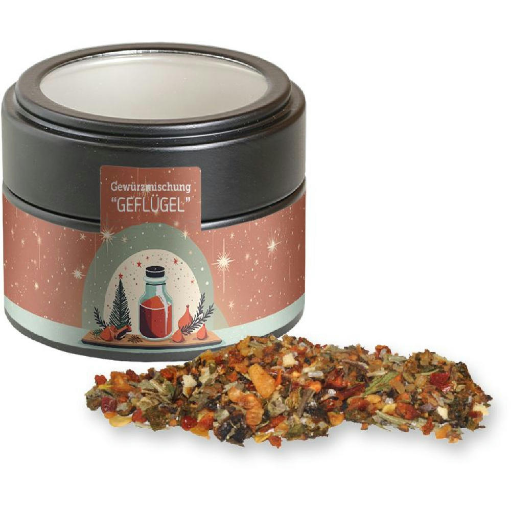 Product image Weihnachts Gewürzmischung Geflügel, ca. 55g, Metalldose Mini mit Sichtfenster schwarz Werbeartikel