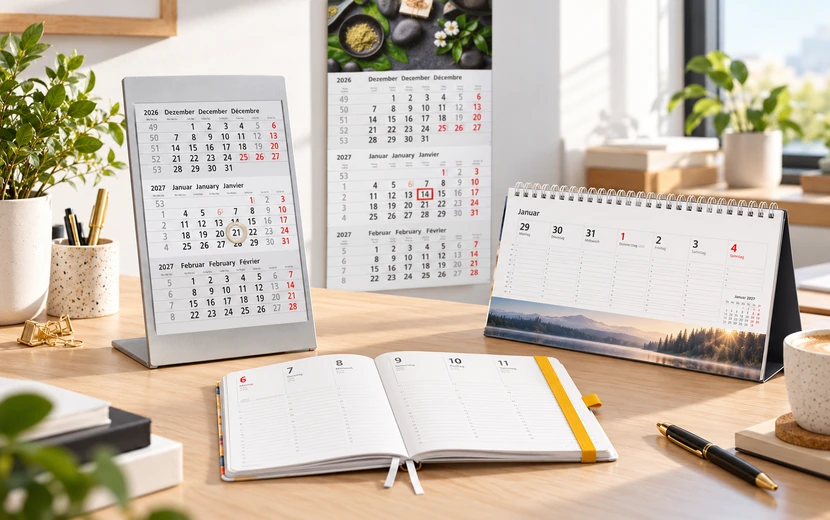 Kalender und Planer als Werbeartikel auf hellem Schreibtisch mit stilvoller Büroatmosphäre und Pflanzen