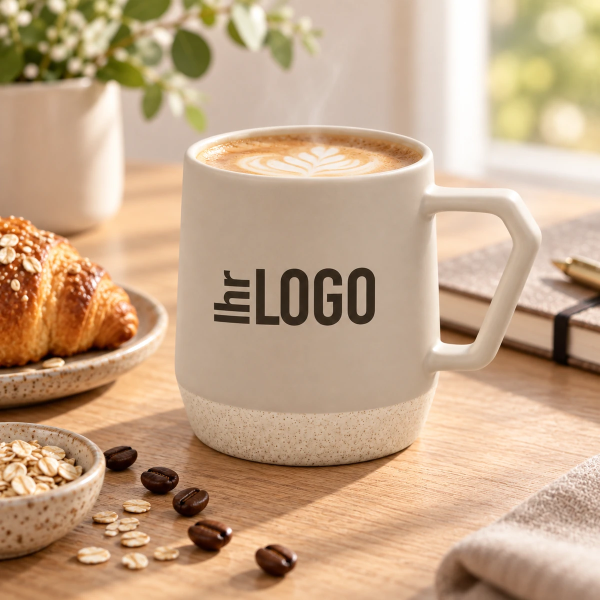 Dolce 300 ml matte Keramiktasse Dolce 300 ml Keramiktasse in Oatmeal matt mit „Ihr Logo“ in einer hochwertigen Kaffeeszene als Werbeartikel.
