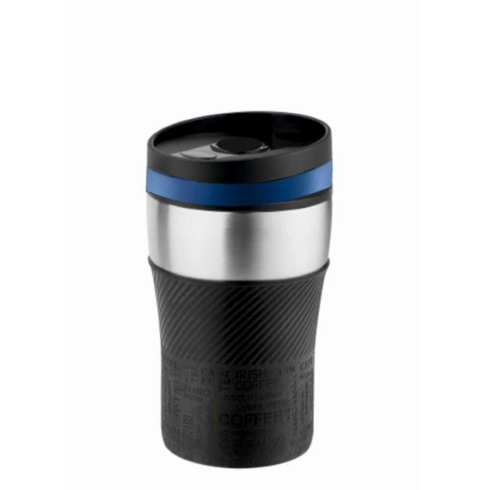 Product image Metmaxx® Thermobecher "CremaOfficina" silber/Manschette schwarz/Ring blau Werbeartikel