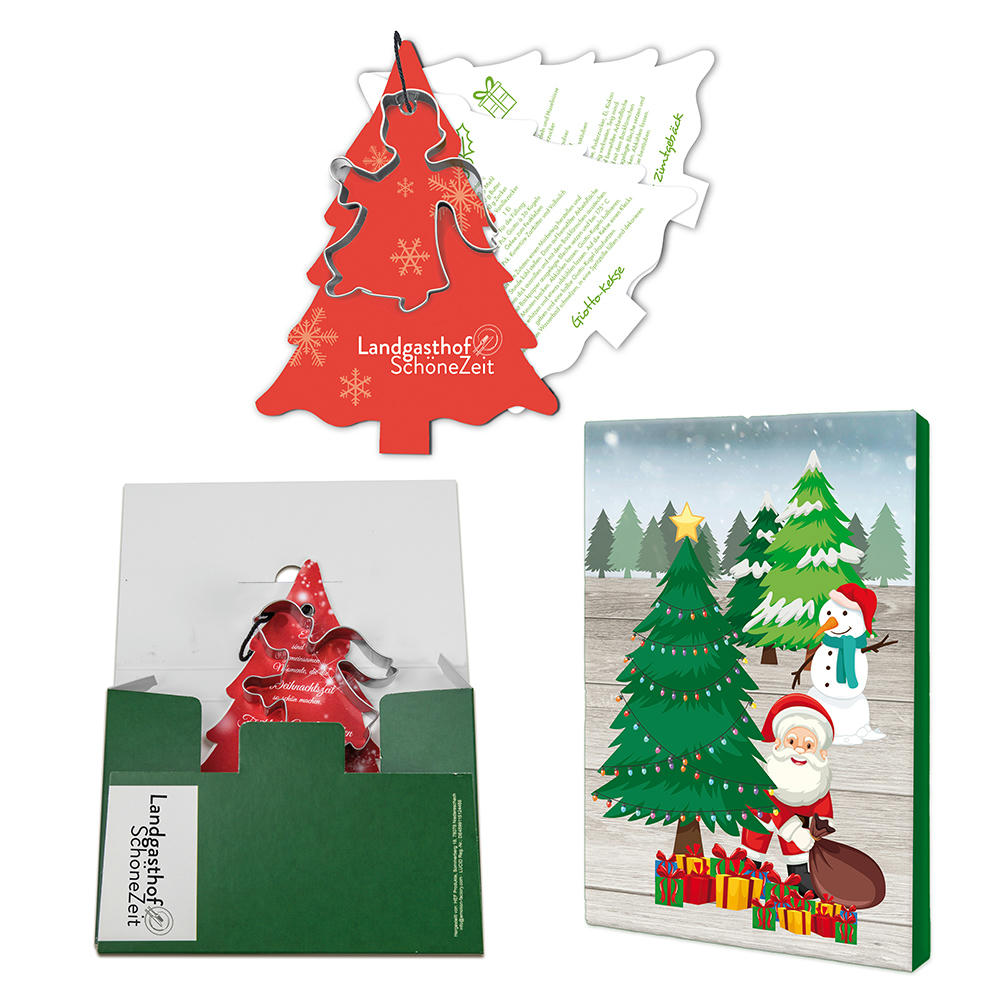 Product image Backförmchen mit Rezeptblock Tannenbaum - Engel - in weihnachtlicher Mappe (neutral) Werbeartikel