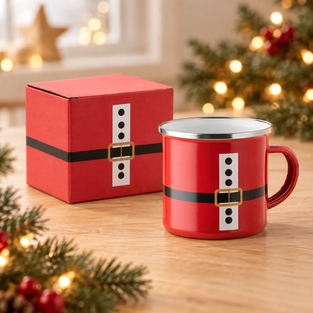 Roter Emaille-Weihnachtsbecher, 300 ml mit Santa-Gürtel-Motiv und passender roter Geschenkbox im weihnachtlichen Ambiente