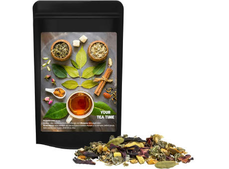 Ayurveda Relax-Tee, ca. 20g, Standbeutel Mini schwarz Werbeartikel