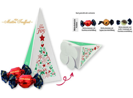 Weihnachtspralinés in Motivkartonage "Tannenbaum",   8 Stück, Inhalt: Pralinen Milchschokolade und weiße Schokolade mit Haselnusscremefüllung bedrucken