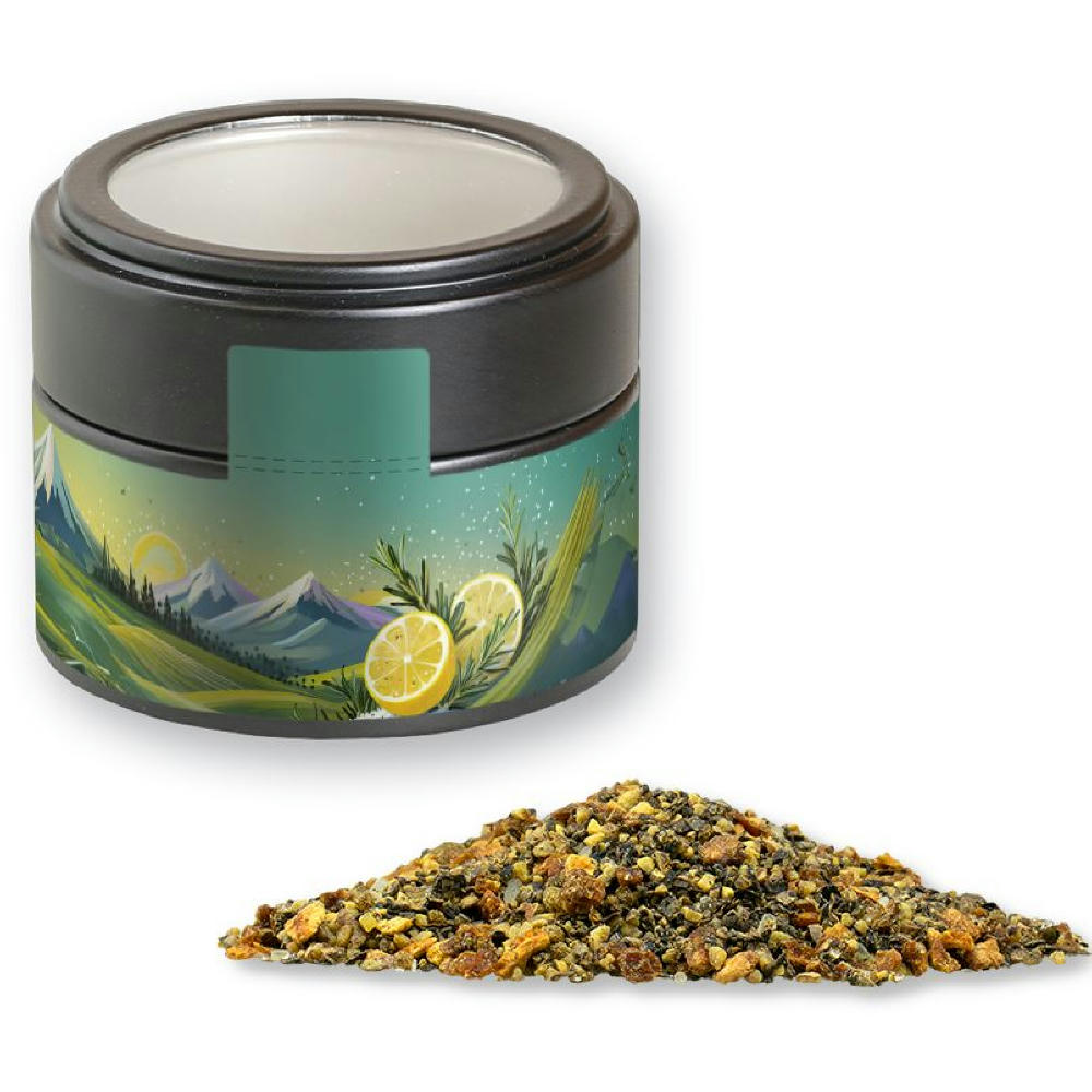 Product image Gewürzmischung Zitronen-Pfeffer, ca. 60g, Metalldose Mini mit Sichtfenster schwarz Werbeartikel