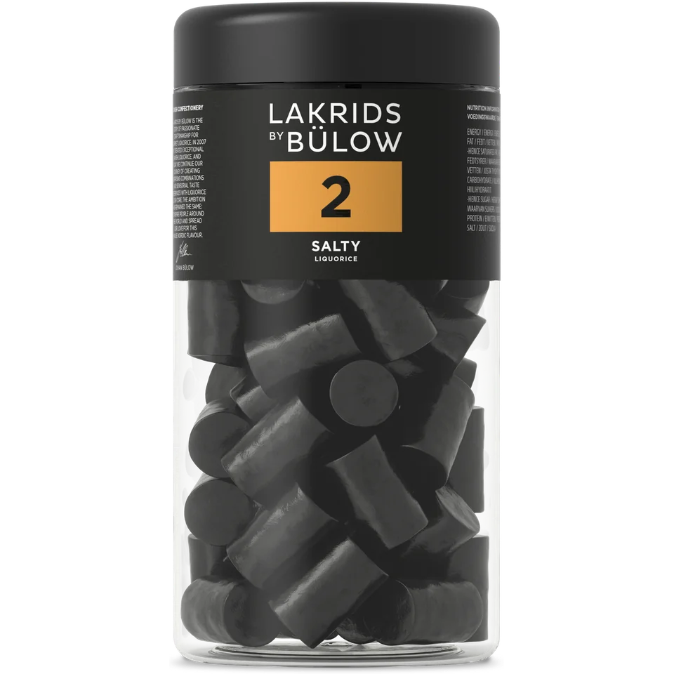 Salmiak-Lakritz No. 2 Salty Lakrids by Bülow – Produktfoto der schwarzen Lakritzdose, freigestellt