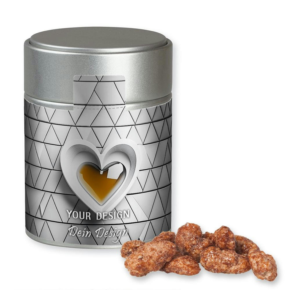Product image Feuergebrannte Mandeln, ca. 100g, Metalldose Midi silber Werbeartikel