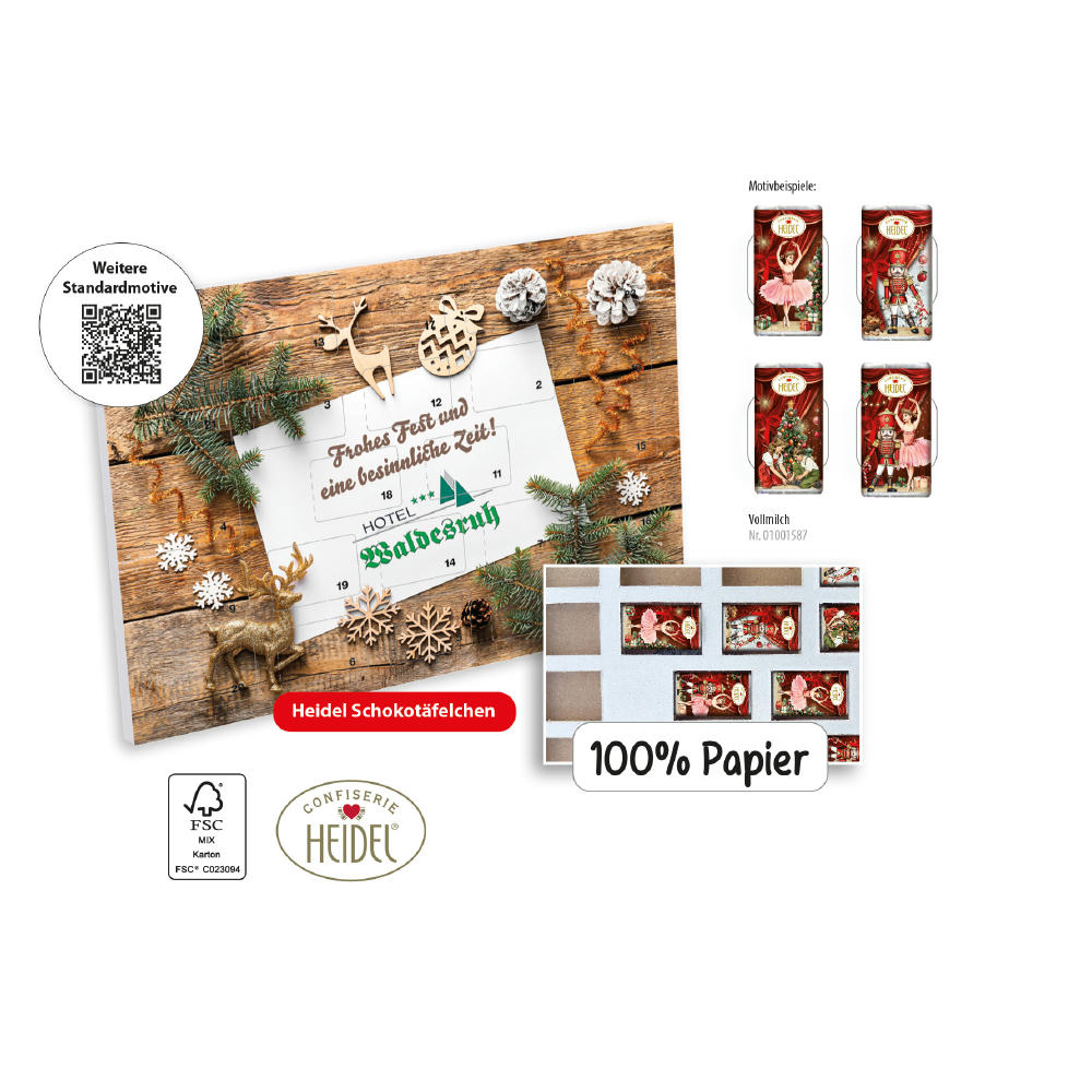 Product image Tisch Adventskalender HEIDEL aus 100% Papier Standardmotiv, 72 g, Inhalt: Heidel Schokoladentäfelchen Werbeartikel