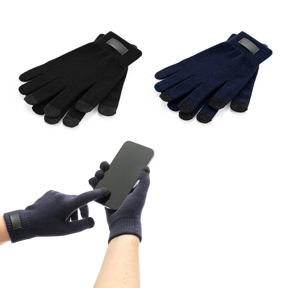 Touch-Handschuhe BURROW in Schwarz und Dunkelblau, Hand bedient Smartphone – Strickhandschuhe mit Logo