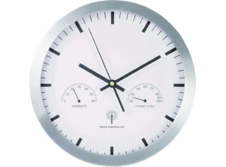 Product image Große Funkwanduhr 30 cm aus Alu mit automatischer Zeiteinstellung, Thermometer und Hygrometer Werbeartikel