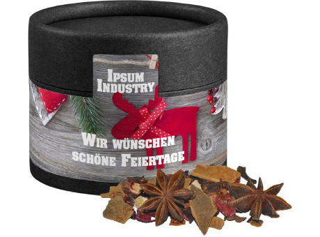 Glühweingewürz grob, ca. 20g, Kraftpapierdose Mini schwarz Werbeartikel