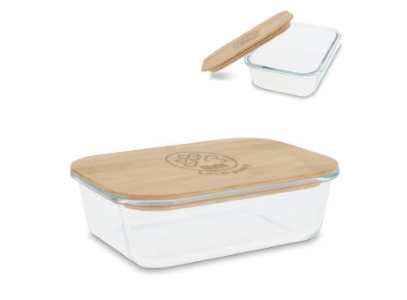 Lunchbox aus Glas mit Bambusdeckel Werbeartikel