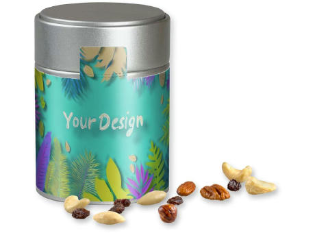 Studentenfutter, ca. 100g, Metalldose Midi silber Werbeartikel