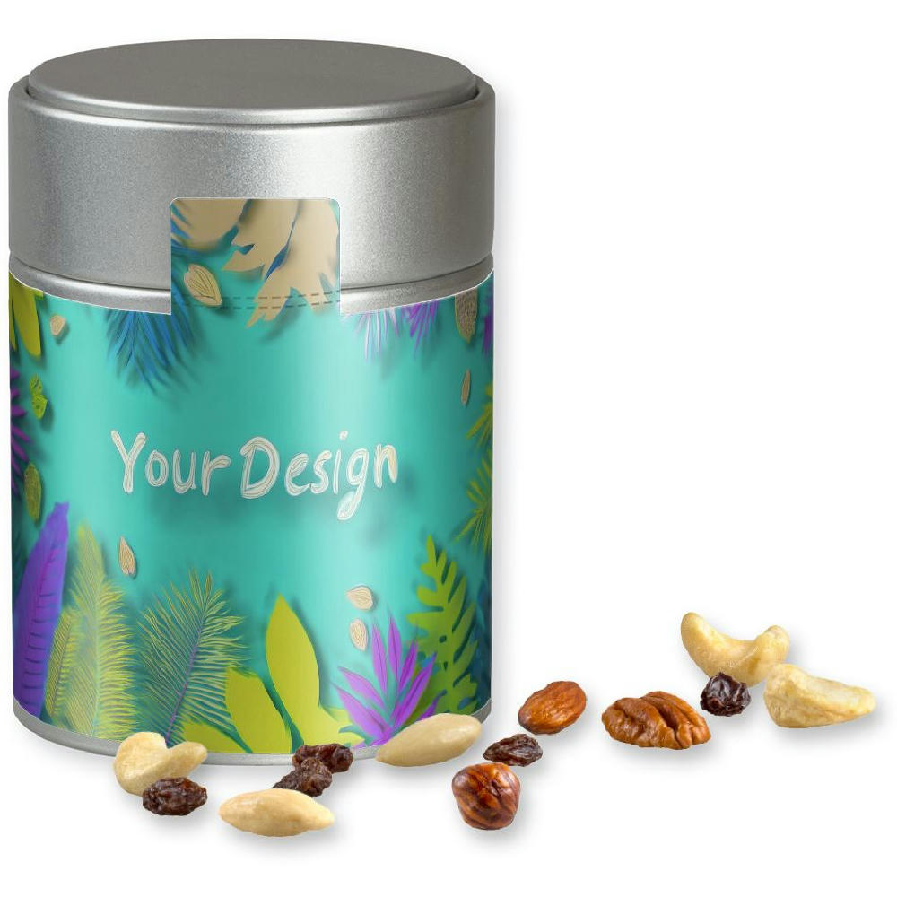 Product image Studentenfutter, ca. 100g, Metalldose Midi silber Werbeartikel