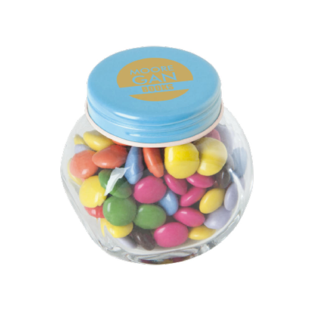 Product image Bonbonglas mini gefüllt mit ca. 40 gr. Schokocarletties mit farbigem Deckel Werbeartikel
