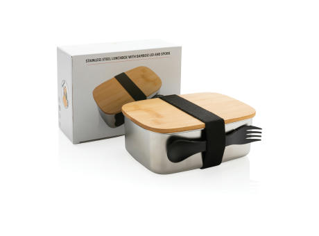 Stainless Steel Lunchbox mit Bambus-Deckel und Göffel Werbeartikel