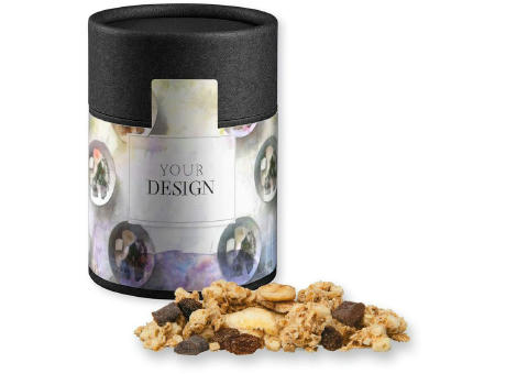 Product image Müsli Knusper Banane-Schoko, ca. 70g, Kraftpapierdose Midi schwarz Werbeartikel