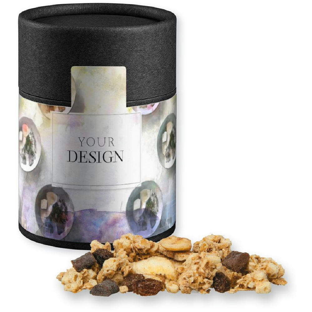 Product image Müsli Knusper Banane-Schoko, ca. 70g, Kraftpapierdose Midi schwarz Werbeartikel