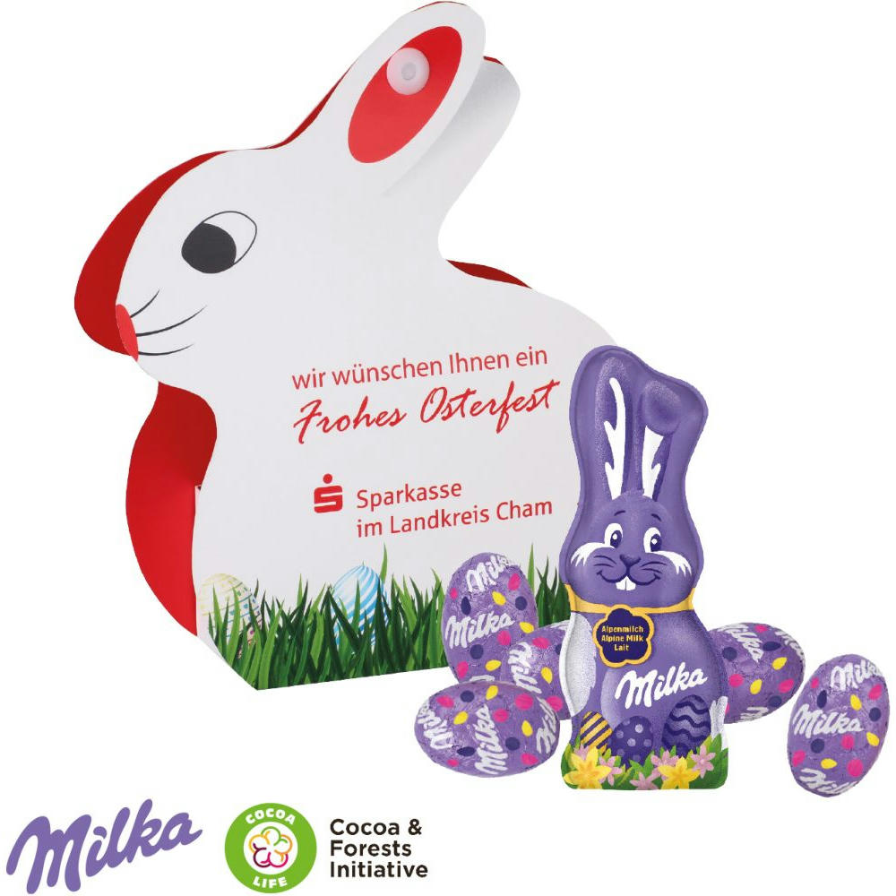 WERBE-HASE MIT SCHOKOLADENMISCHUNG VON MILKA Werbeartikel