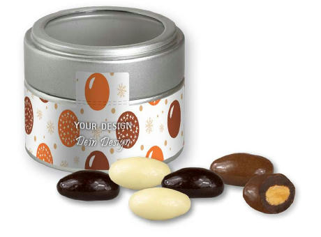 Product image Mandel-Schoko-Trio, ca. 60g, Metalldose Mini mit Sichtfenster silber bedrucken