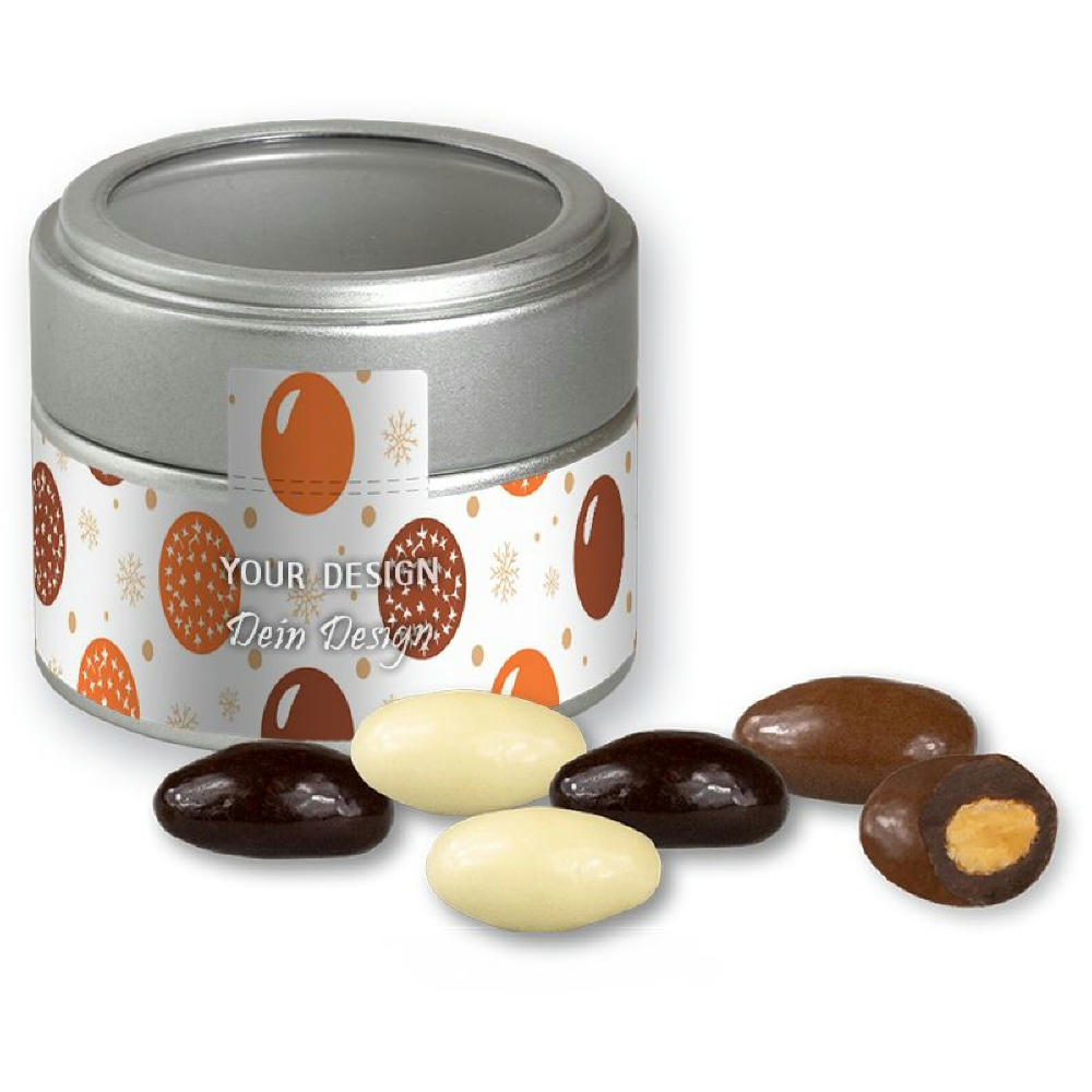 Product image Mandel-Schoko-Trio, ca. 60g, Metalldose Mini mit Sichtfenster silber Werbeartikel